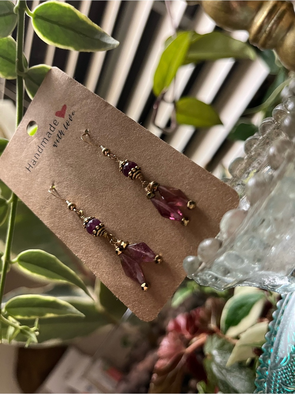 Handmade Gold-Tone pink tourmaline beaded Drop Earrings